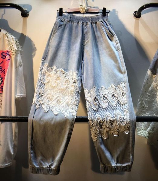 

2020 spring summer fashion new stitching beaded jeans women crochet hollow lace stitching high waist loose harlan jeans, Blue
