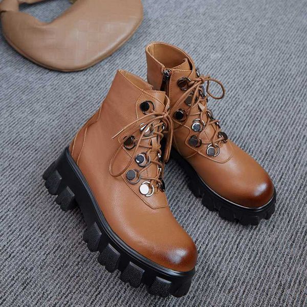 

boots winter shoes women's ankle cow leather vintage platform keep warm metal zipper motorcycle, Black