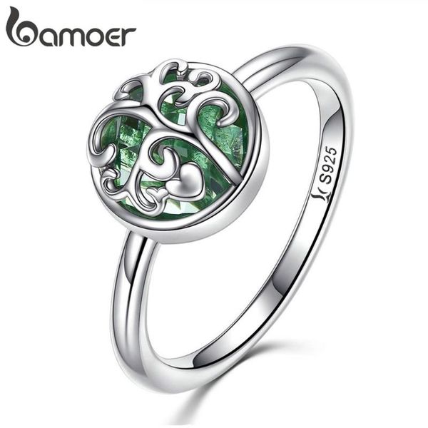 

bamoer real 925 sterling silver tree of life finger ring crystal leaf rings for women sterling silver fine jewelry s925 scr053, Golden;silver