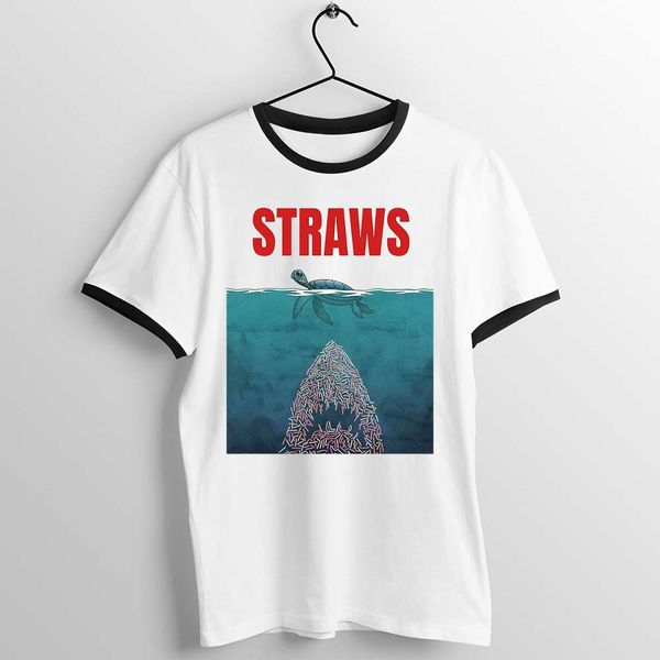 

black trim t shirt straw save the turtles save the ocean artwork printed tee