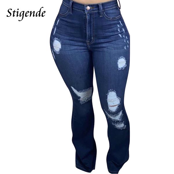 

stigende women flare leg ripped jeans casual slim fit bell bottom denim pants hole button pocket shredded patchwork jeans, Blue