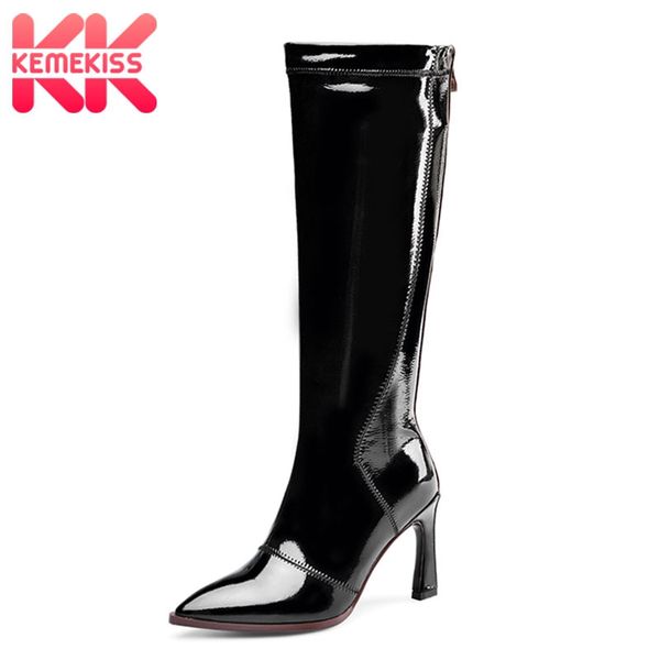 

boots kemekiss women knee high real leather fashion mixed color shoes winter pointed toe thin heels footwear size 33-43, Black