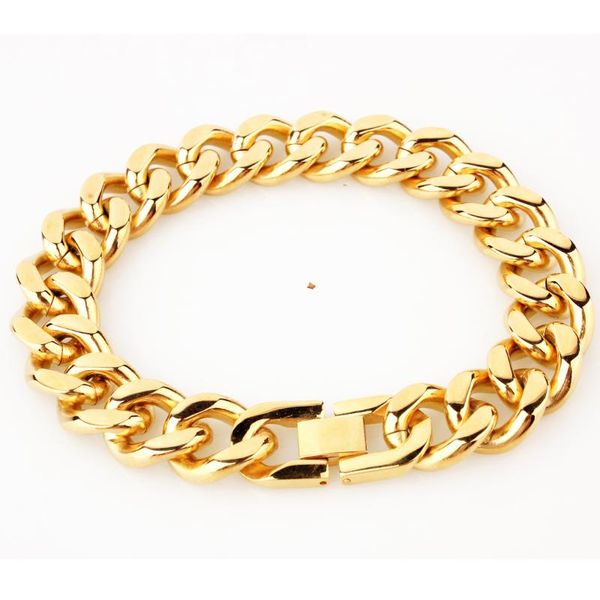 

fashion new link chain gold tone stainless steel bracelet men heavy 12/15mm wide men's bracelets curb chain wristband, Black