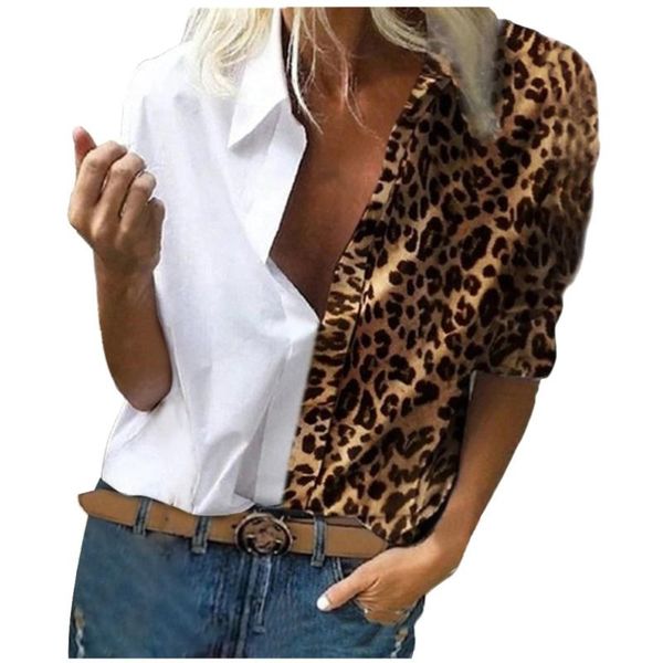

женщины leopard лоскутная рубашки casual v шеи длинным рукавом блузка top сыпучие блузы отложной воротник рубашки blusa плюс размер (s-5xl, White