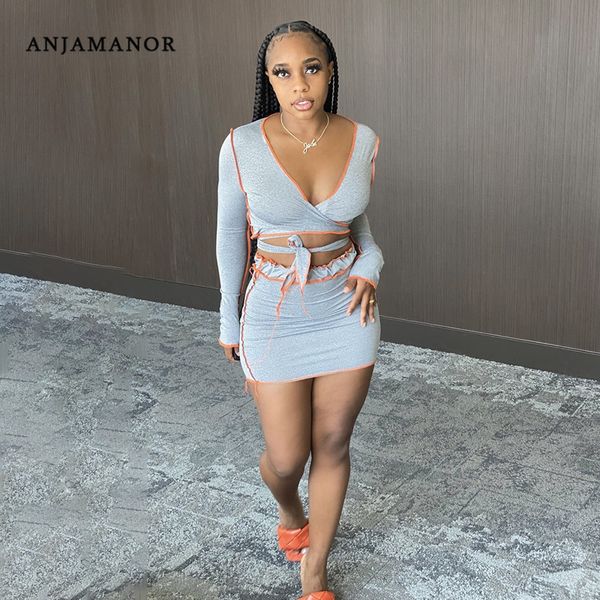 

anjamanor sexy контрастной отстрочкой с длинным рукавом crop top и юбка из двух частей set club эпикировка осень 2020 женская одежда d85-bf2, Gray