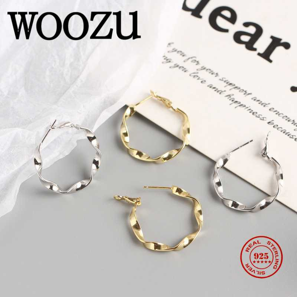 

hoop & huggie woozu genuine 925 sterling silver high-quality large round twist earrings for fashion women bohemian punk party jewelry, Golden;silver