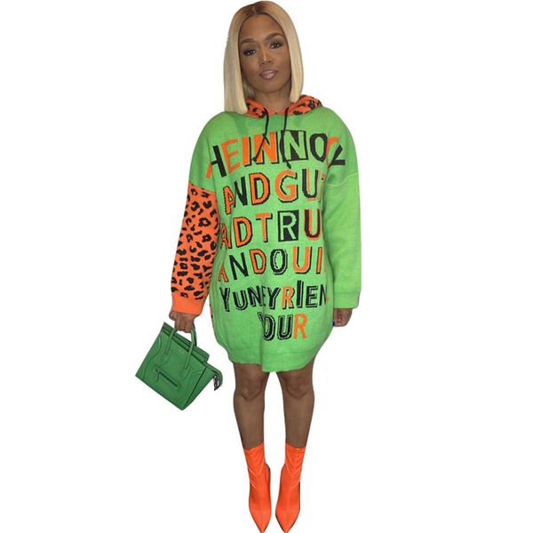

casual letter printed womens casual dresses leopard designer hooded ladies panelled dreses loose women warm clothing, Black;gray