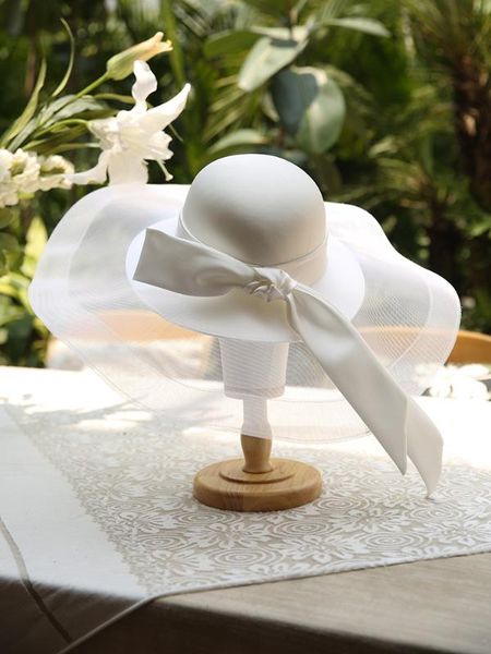 

luxury large brim mesh bucket hat white satin bowknot ribbon fedora hat high end prom banquet evening party ladies bride, Blue;gray