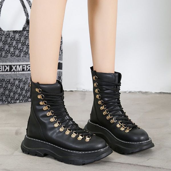 

punk style pu leather motorcycle boots women autumn winter platform ankle boots female thick sole zip lace up botas mujer, Black