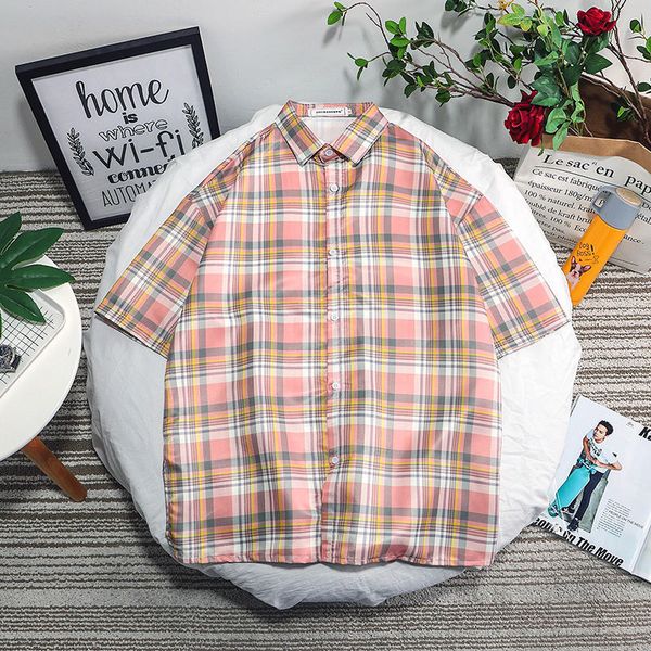 

hong kong style new simple men's summer youth plaid short-sleeved shirt thin casual student shirt, White;black