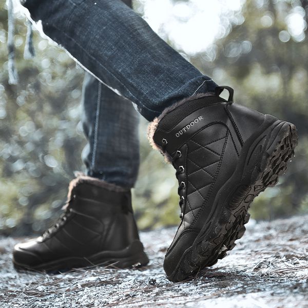 

men's winter snow boots outdoor walking waterproof non-slip warm boots with fur good quality men work shoes big size 39-48, Black