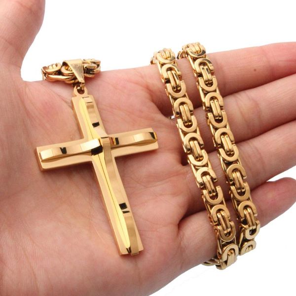 

chains cool gold christ cross pendant necklace male sturdy stainless steel crucifix link religious jewelry body statement gift, Silver