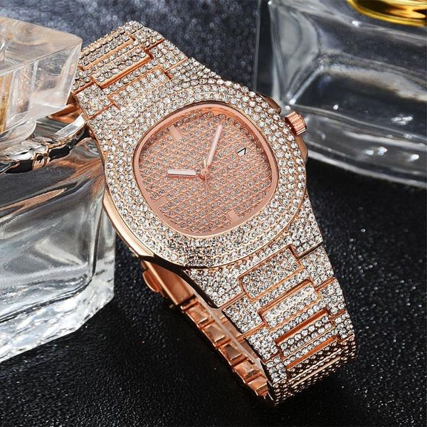 

2020 женской мода розового золота часы класса люкса стал rhinestone кварцевых часов женского saat полных бриллианты часы relogio feminino, Slivery;brown