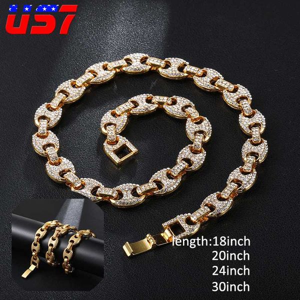 

us7 12mm coffee bean link rhinestone necklace hip hop fashion punk choker chain bling bling charms jewelry 18inch,20inch,24inch, Silver