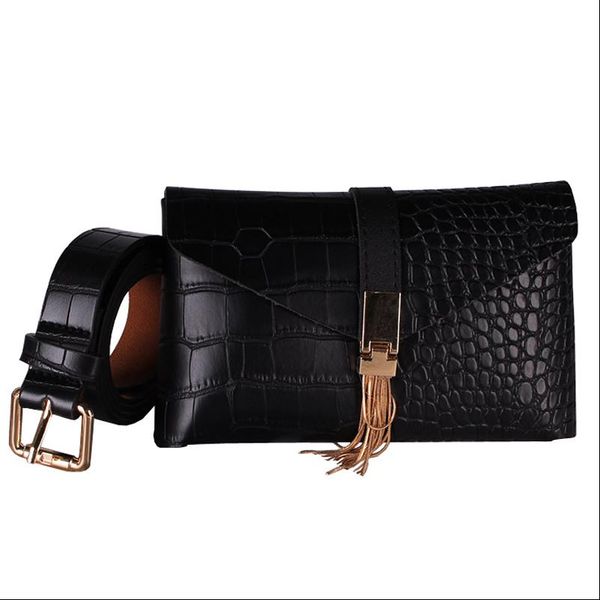 

new fashion soft leather belt bag for women tassel ladies black waist bags phone pocket detachable belt fanny packs g141