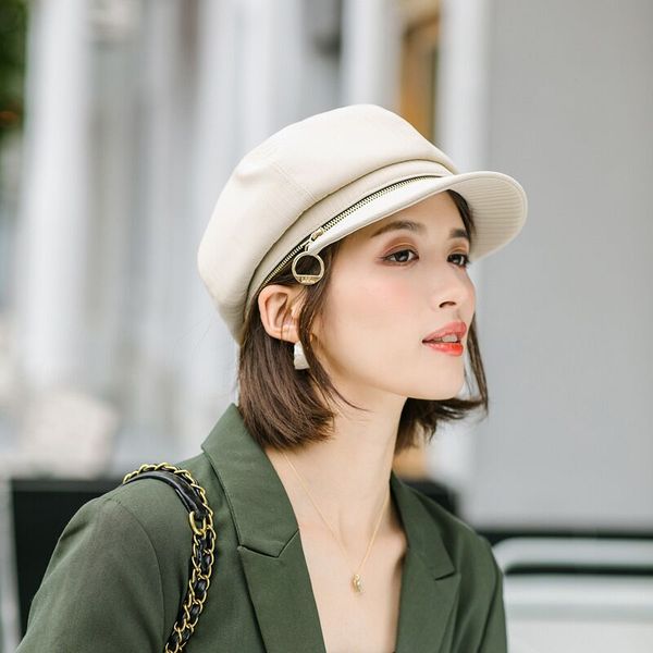 

berets beret cap 2021 autumn winter hat women vintage stripe octagonal sboy ladies zipper dual purpose artist painter, Blue;gray