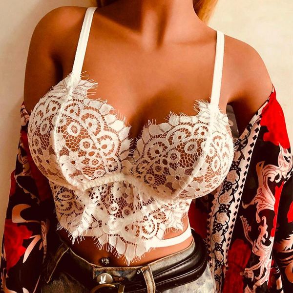 

camisoles & tanks hollow out transparent lace bra women elastic strappy bustier, Black;white