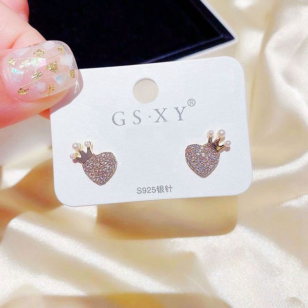 

stud exquisite heart earrings gold color simulated pearl crown cubic zirconia for women girls, Golden;silver