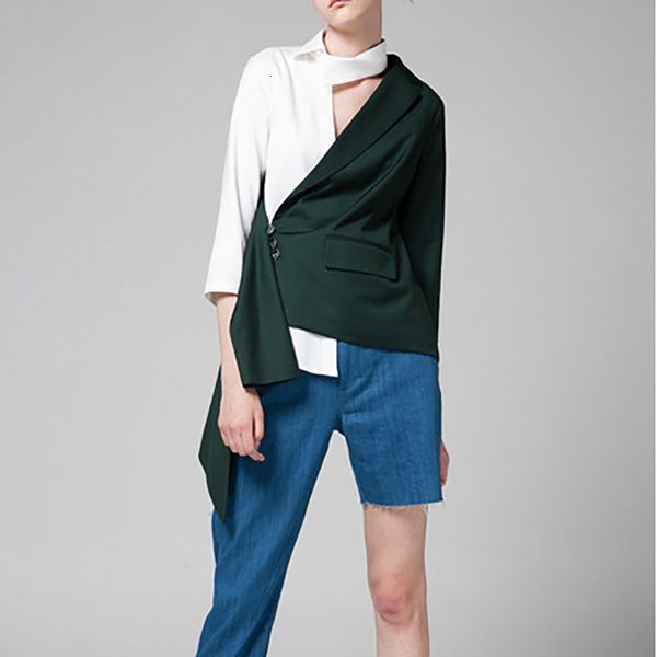 

women's suits & blazers seebeautiful fashion 2021 spring contrast color notched neck long sleeve button asymmetry loose coat single sui, White;black