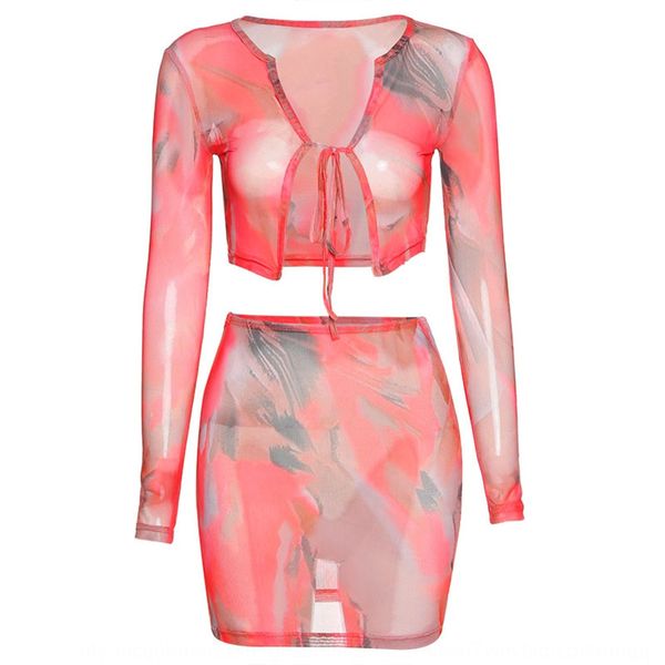 

new 2020 autumn t-shirt women's gauze printed t-shirt high waist hip dress casual suit for women jljco, Gray