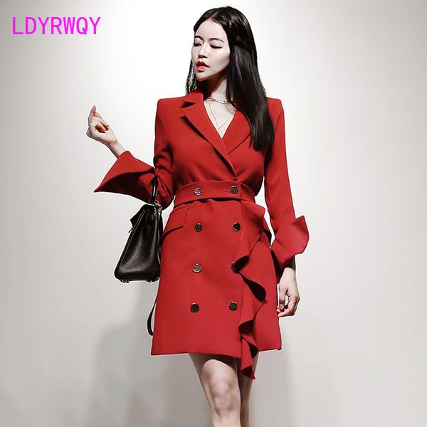 

2020 autumn and winter new korean temperament double-breasted slim ruffled long fashion windbreaker jacket, Tan;black