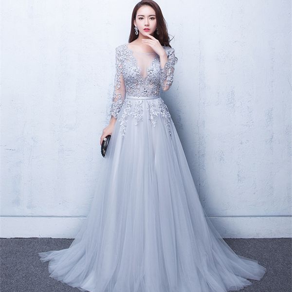 

party dresses long v neck evening dress tulle appliques beads open back formal gowns trailing chiffon prom, White;black