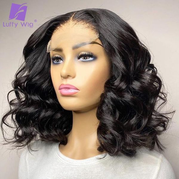 

lace wigs loose wave short bob wig 5x5 silk base scalp pre plucked 4x4 closure human hair remy brazilian luffy, Black;brown