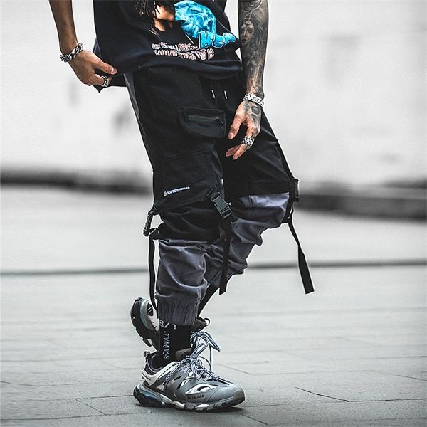 

pachwork cotton cargo pants 2020 streetwear hip hop ribbons joggers pants men japanese style black casual track pants fashions