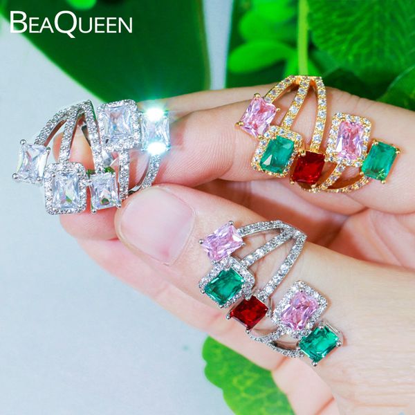 

wedding rings beaqueen noble multicolored square cubic zirconia adjustable size big open finger bridal jewelry for women r112, Slivery;golden