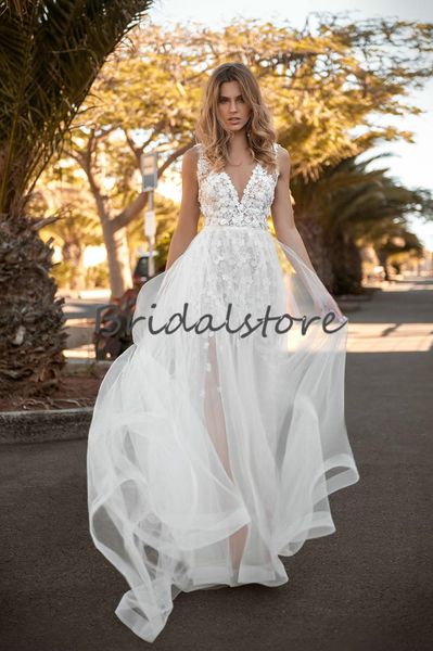 

bohemian wedding dresses with flowers illusion deep v neck backless beach wedding dress 2020 a line country style wedding gowns, White