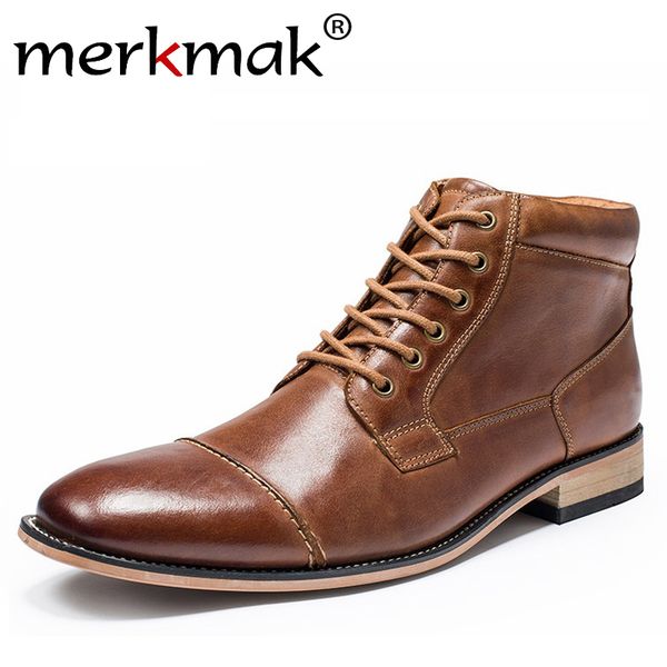 

boots merkmak genuine cow leather men shoes fashion lace-up oxfords british style high-ankle booties big size dress shoe, Black