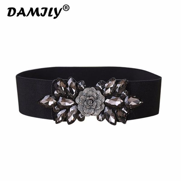 

women belts wide floral rhinestone buckles stretchy elastic waist belt fashion design waistband for ladies girls, Black;brown