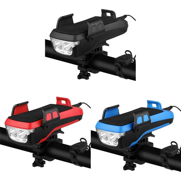 

4 in 1 bike front light led headlight with horn lamp phone holder usb power bank bicycle power lights