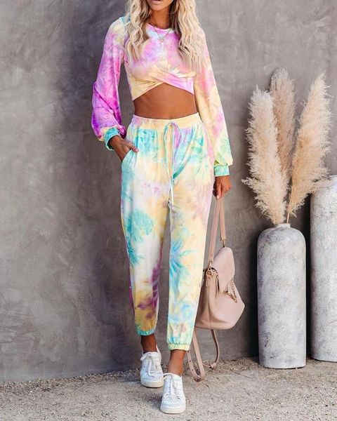 

casual women female 2 piece set long sleeve crop and pants suit tie dye women two piece sets tracksuit sweatsuit lounge wear, Gray