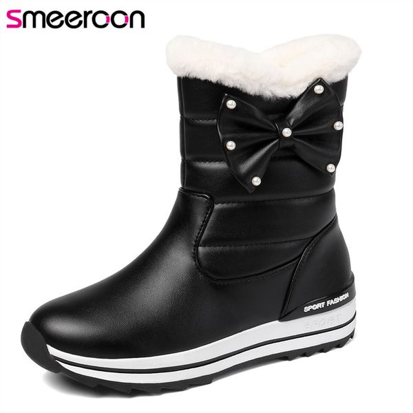 

smeeroon new arrival women winter warm snow boots round toe dress party shoes slip on ladies ankle boots butterfly knot, Black