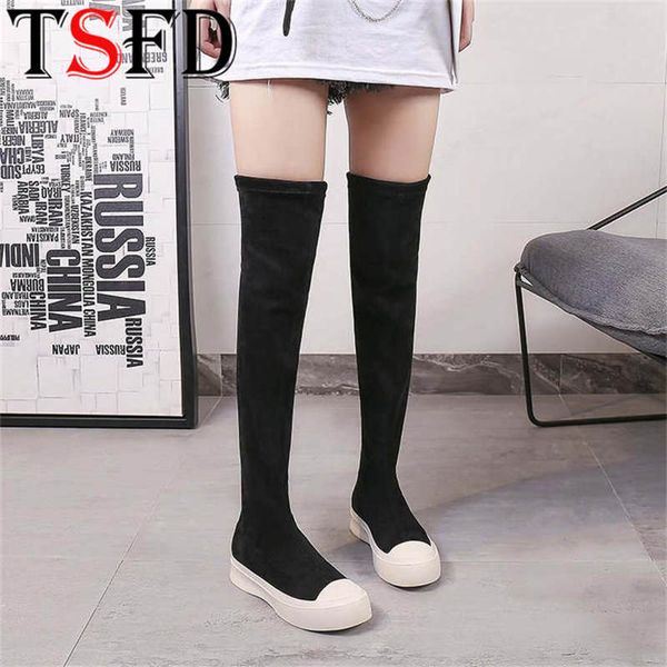 

boots stretch fabrics over the knee height increasing round toe women shoes autumn winter casual long botas de mujer d9, Black