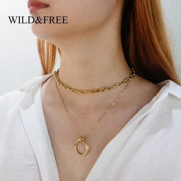 

wild&layered circle pendant necklace for women stainless steel gold square circle chain choker necklaces fashion jewelry, Silver