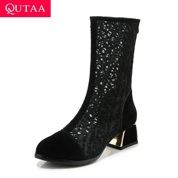 

qutaa 2020 flock pu leather cut outs women shoes square heel fashion cool boots casual round toe zipper mid calf boots size34-43, Black
