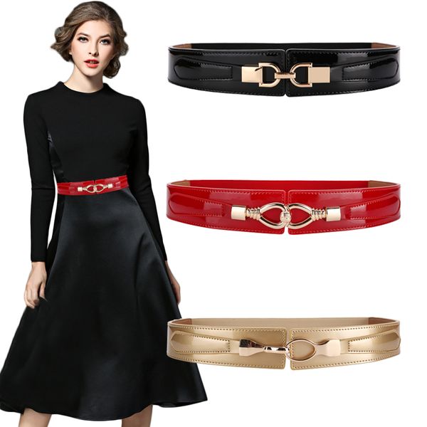 

female dress waistband cowskin women fashion gold wide elastic cummerbund gold buckle waist bright real cow ceinture femme riem, Black;brown