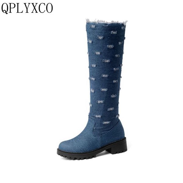 

qplyxco sweet fashion denim stretch fabric big size 34-52 women med knee boots winter warm long botas footwear shoes woman y76, Black
