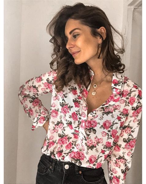 

spring women floral printed shirts fashion designer womens clothes ol female lapel neck blouses, White