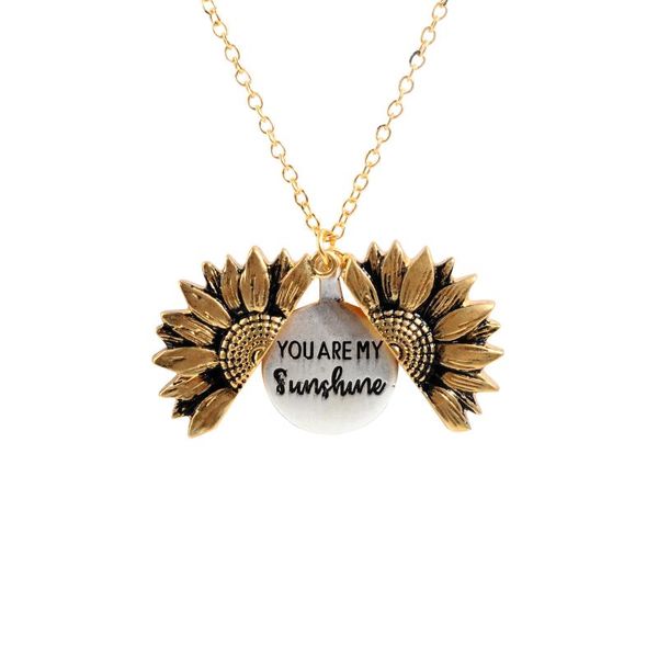 

fashion bohemia sunflower double-layer metal pendant necklace for women open long chain necklace lettering you are my sunshine, Silver
