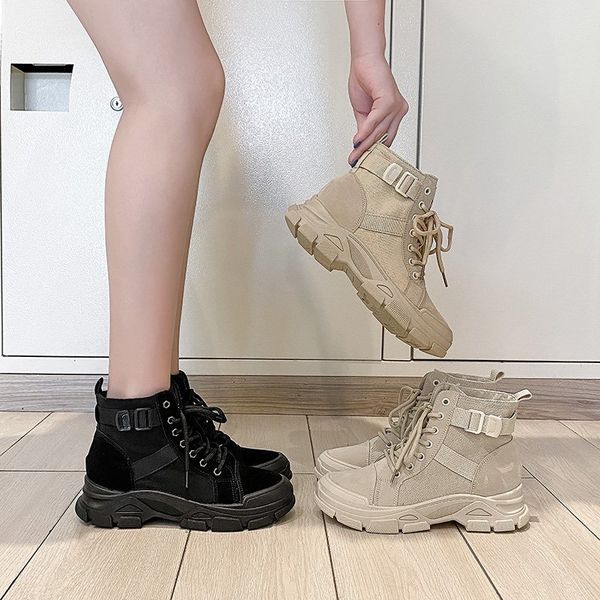 

2020 new female ankle boots womans causal breathable solid platform thick bottom canvas ladies shoes retro ankle women boots, Black