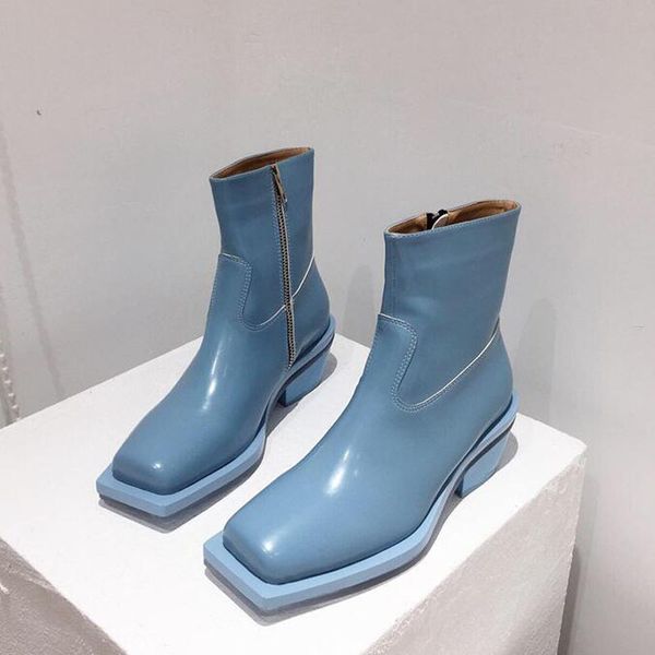 

boots women short shoes extreme high heel ankle square toe chunky heels zipper lady autumn winter black blue t-787