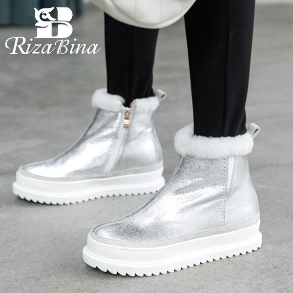 

rizabina real leather woman snow boots fashion warm fur high heel winter shoes woman plush platform short ankle boots size 33-43, Black