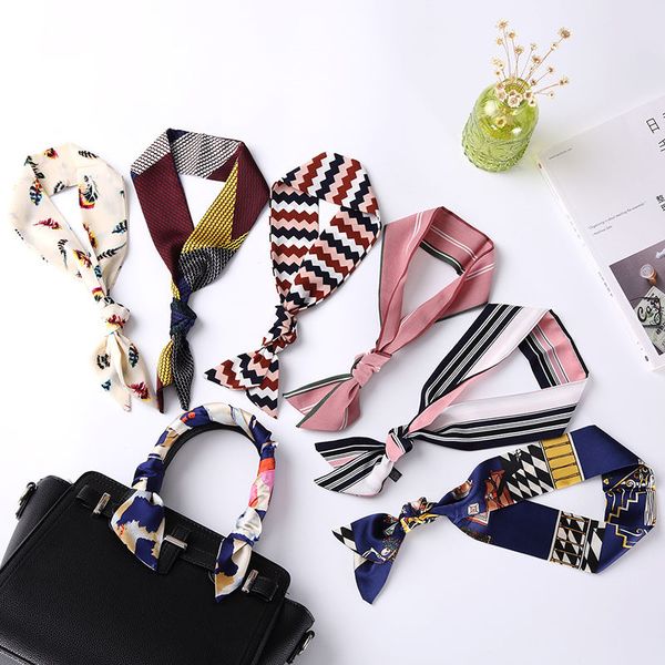 

scarves 2021skinny scarf japanese scarfs narrow small long satin silk for women fashionable pinting bags ribbons hair bands, Blue;gray