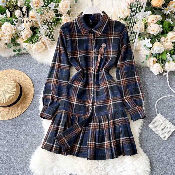 

yuoomuoo vintage plaid long sleeve shirt dress 2020 autumn girl college short pleated dress sundress casual fashion ladies, Black;gray