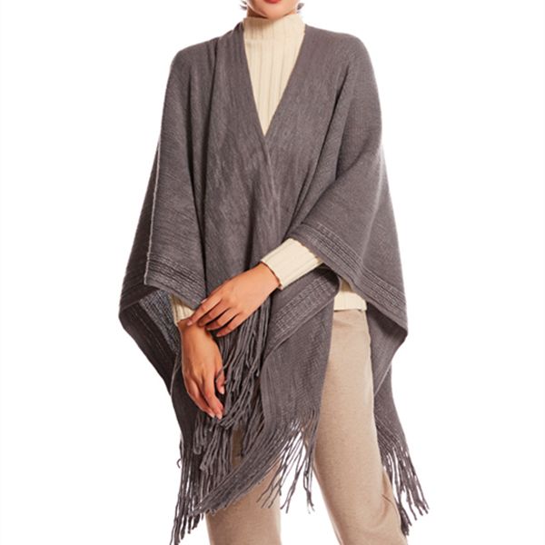 

solid color tassels vintage women's knitted shawls, cloaks,autumn and winter, thickening, keeping warm, ladies, cardigans, Blue;gray