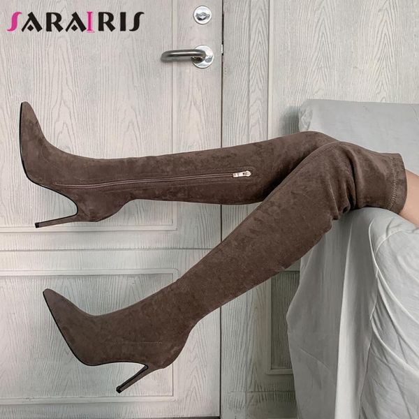

sarairis flock solid female over the knee boots pointed toe thin high heels with zip boots women 2020 concise shoes woman, Black