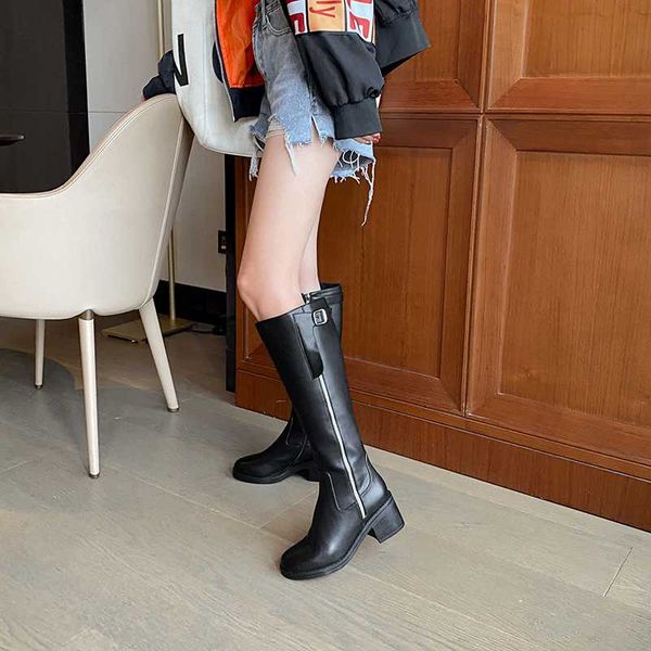 

2020 new leather boots mid heel round toe women's boots, Black